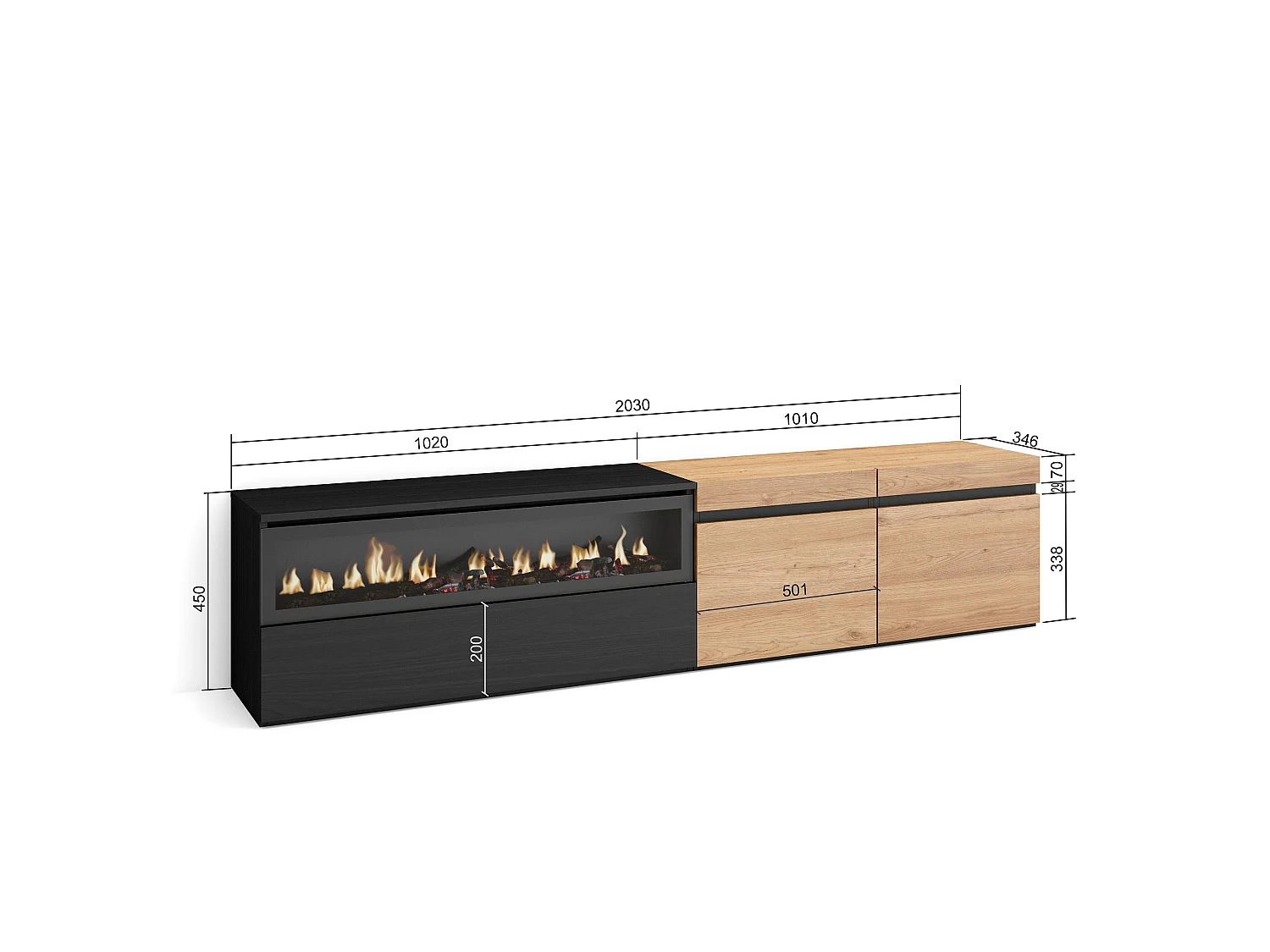 Meuble TV, Banc Télé, 200x35x45cm, Pour les TV jusqu'à 80", Cheminée électrique, Chêne et noir