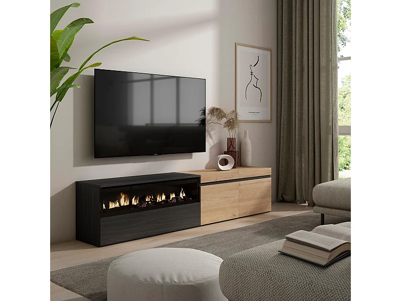 Meuble TV, Banc Télé, 200x35x45cm, Pour les TV jusqu'à 80", Cheminée électrique, Chêne et noir