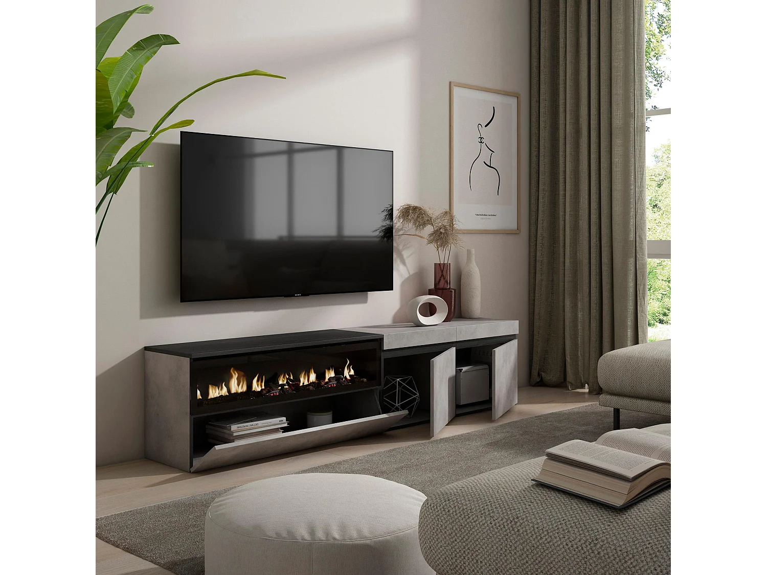 Móvel de TV, 200x35x45cm, Para televisores até 80", Lareira eléctrica, Cimento