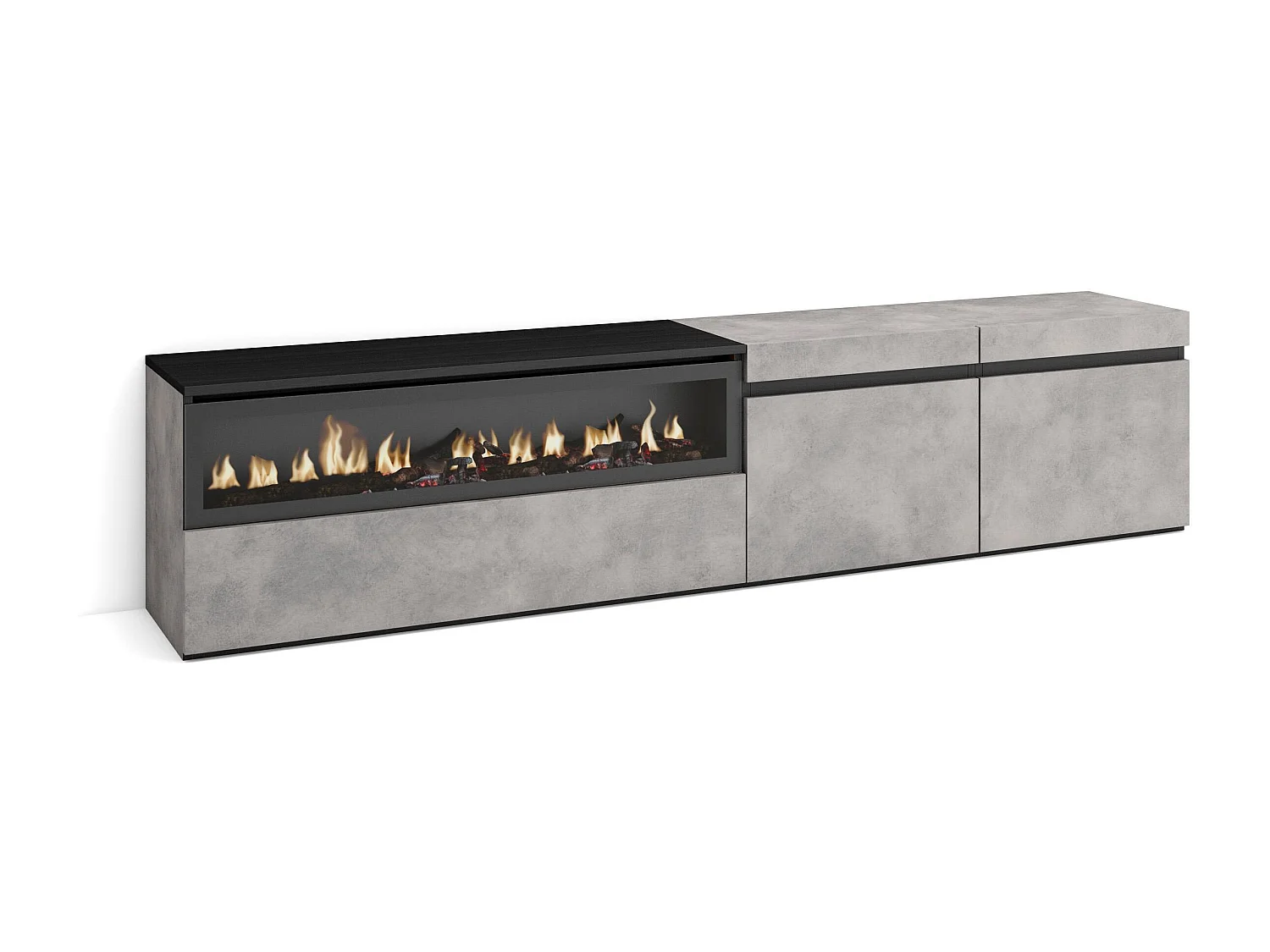 TV-Meubel, Lowboard, 200x35x45cm, Voor tv's tot 80", Elektrische haard, Cement