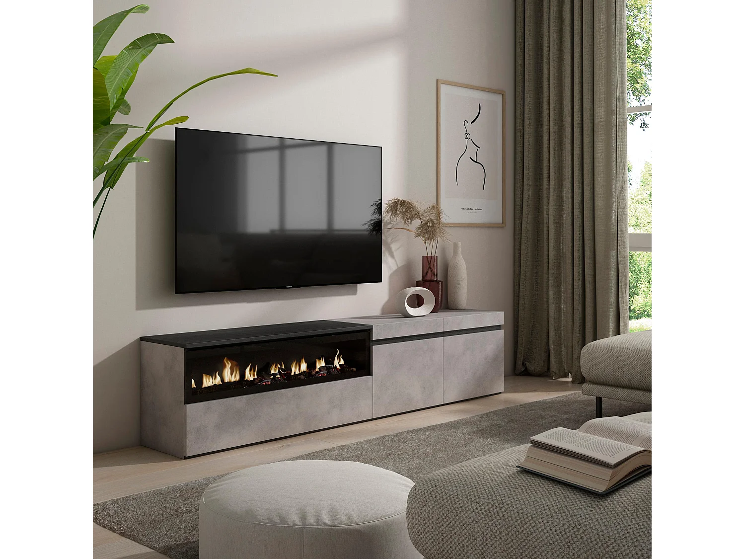 TV-Meubel, Lowboard, 200x35x45cm, Voor tv's tot 80", Elektrische haard, Cement