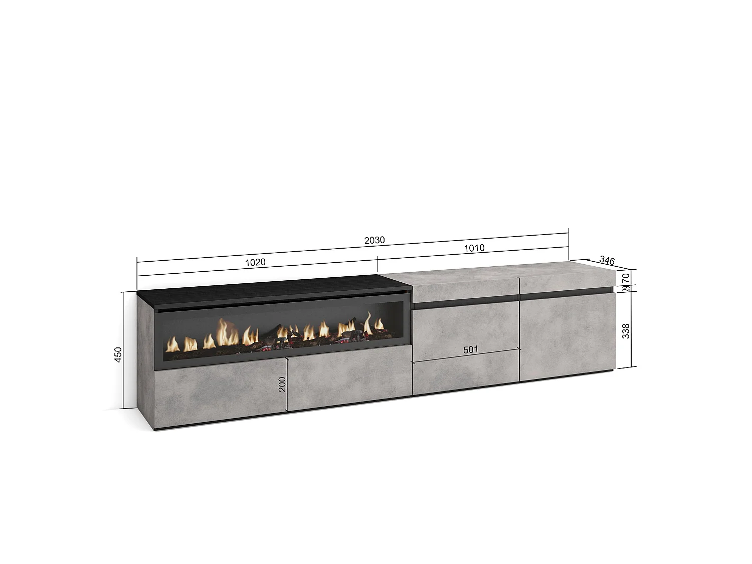 TV-Meubel, Lowboard, 200x35x45cm, Voor tv's tot 80", Elektrische haard, Cement