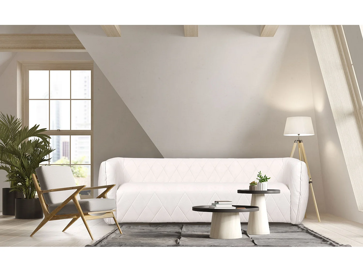 Canapé 3 places moderne revêtement matelassé Losania Simili Blanc