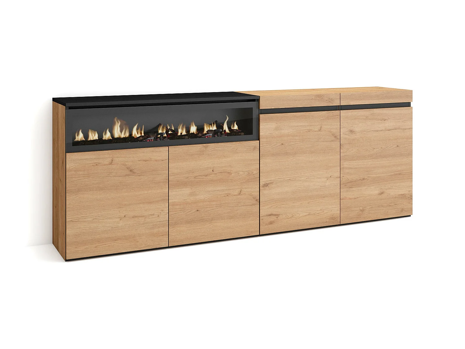 Buffet salon et cuisine, 200x75x35cm, 4 Portes, Cheminée électrique, Chêne et noir