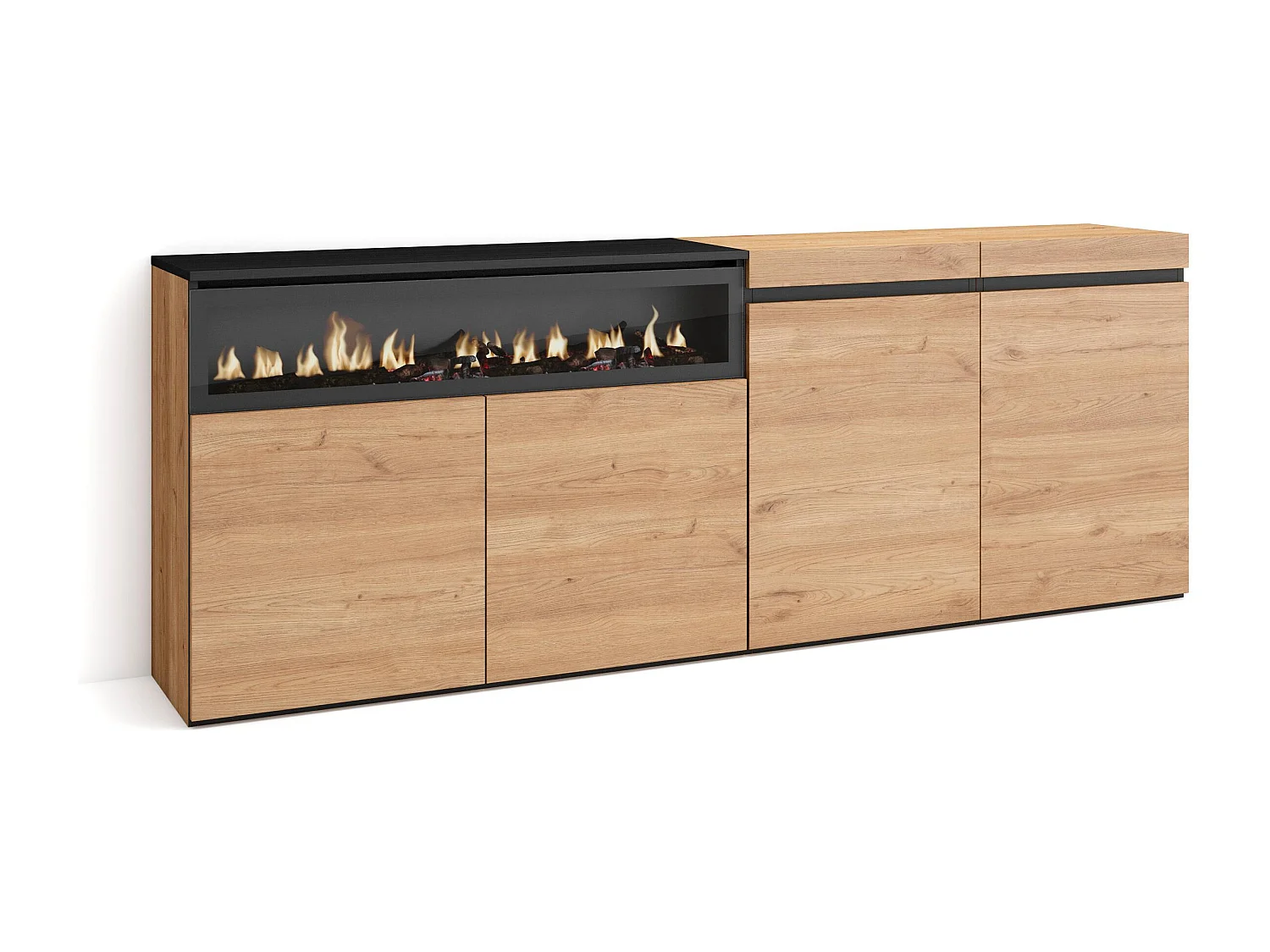 Buffet salon et cuisine, 200x75x35cm, 4 Portes, Cheminée électrique, Chêne et noir