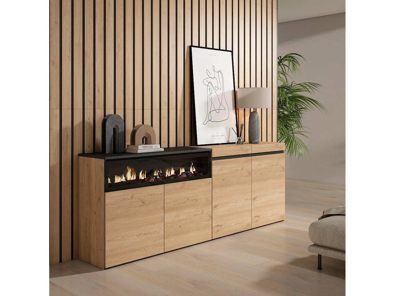 Aparadores para salón, 200x35x75cm, 4 Puertas, Chimenea eléctrica, Roble y negro