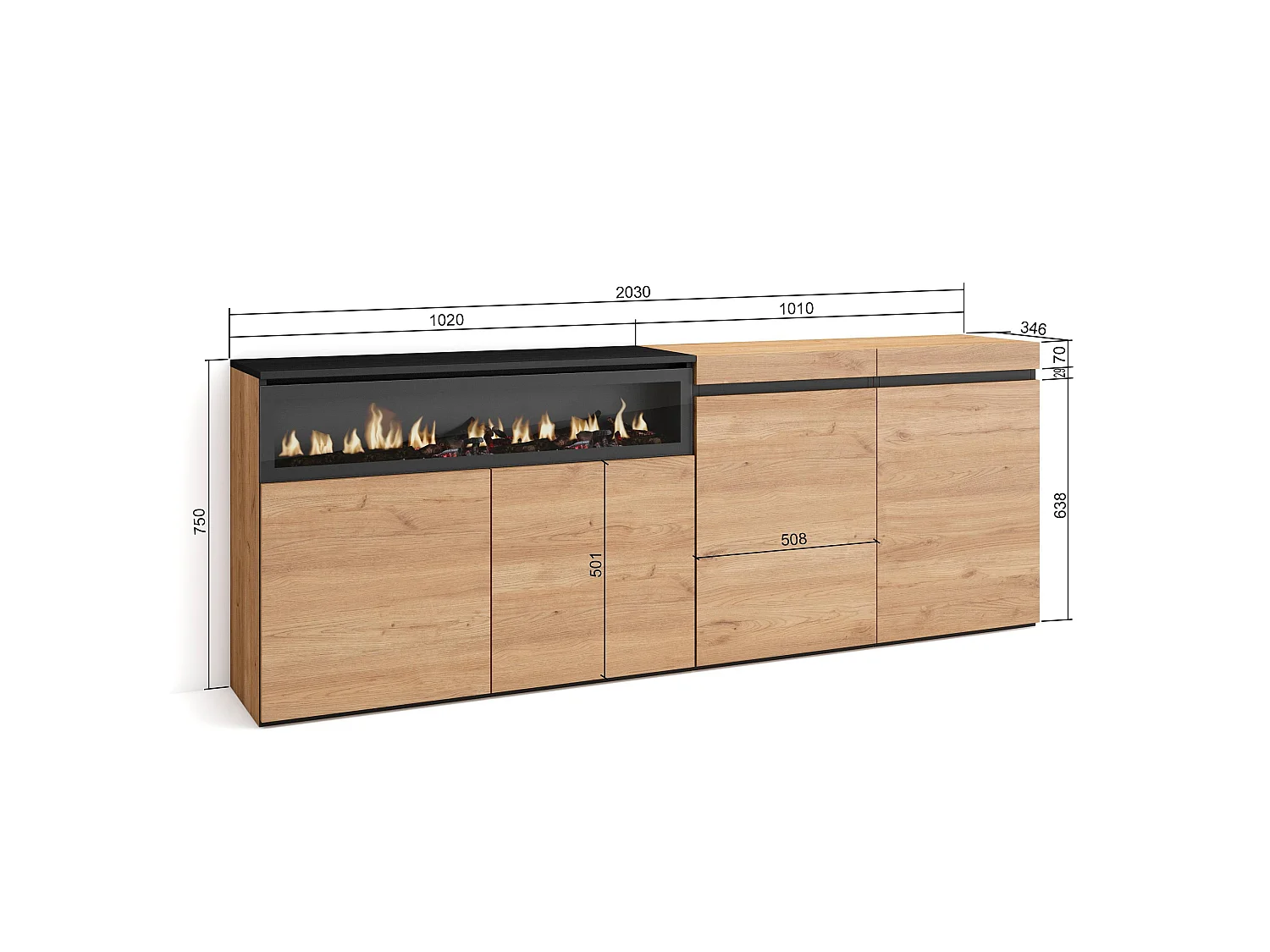 Aparadores para salón, 200x35x75cm, 4 Puertas, Chimenea eléctrica, Roble y negro