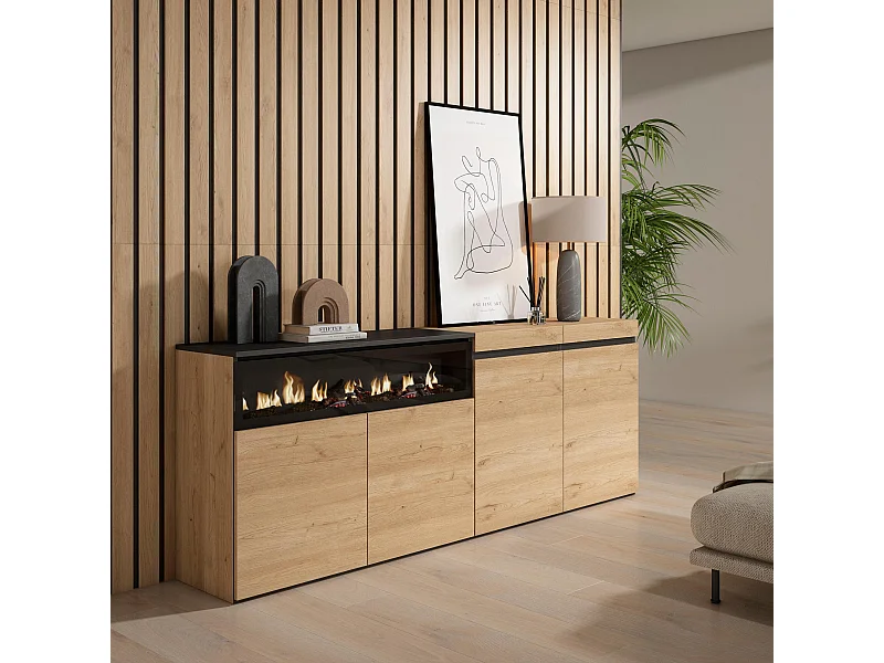 Buffet salon et cuisine, 200x75x35cm, 4 Portes, Cheminée électrique, Chêne et noir