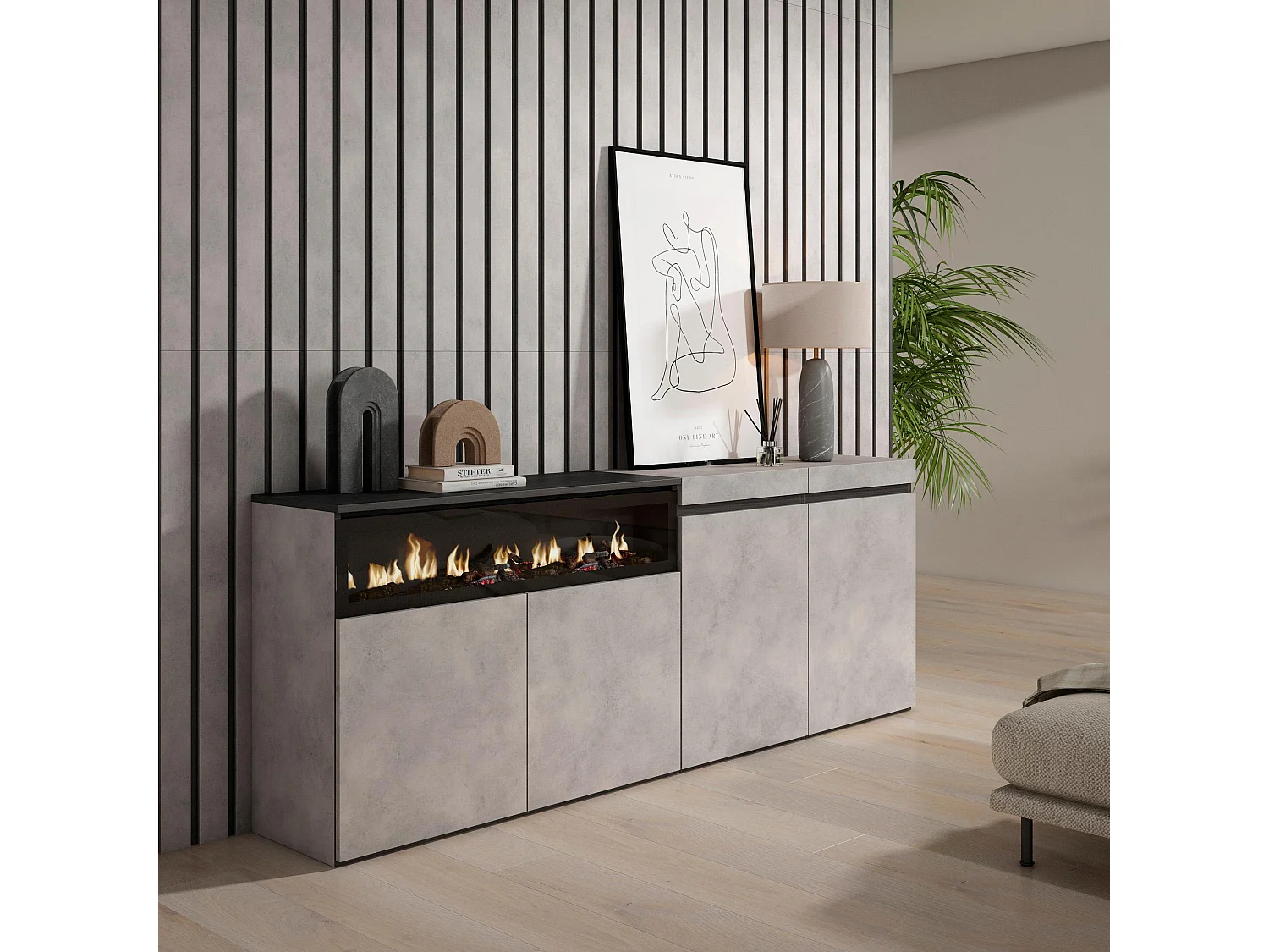 Aparadores para salón, 200x35x75cm, 4 Puertas, Chimenea eléctrica, Cemento