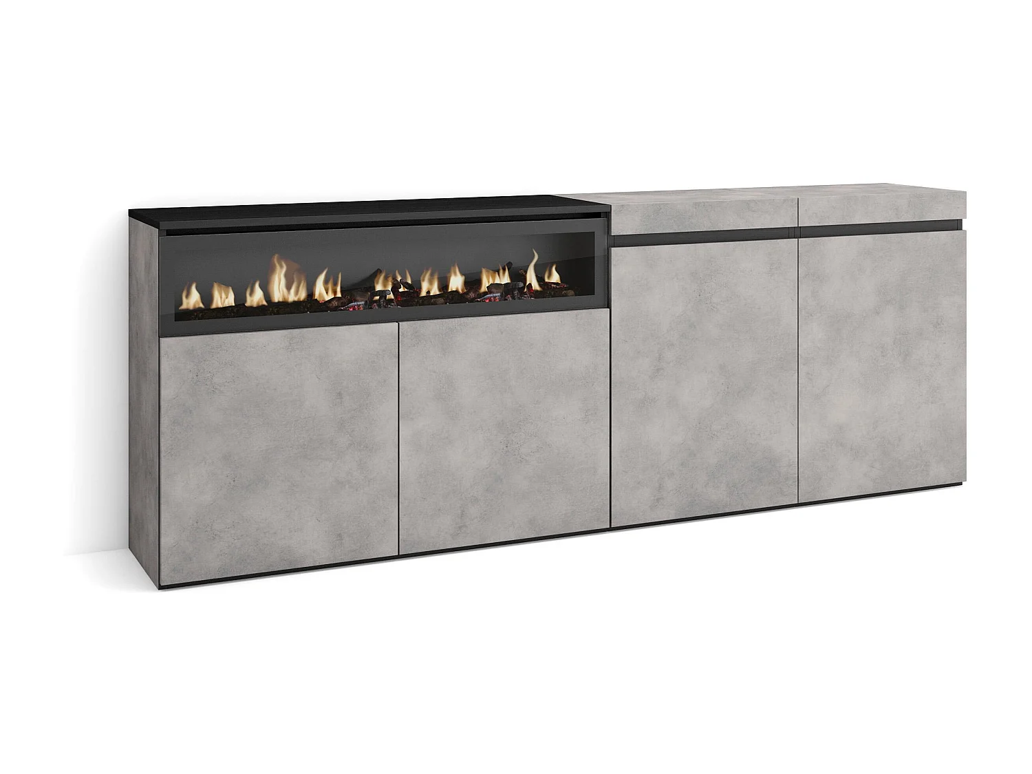 Aparadores para salón, 200x35x75cm, 4 Puertas, Chimenea eléctrica, Cemento