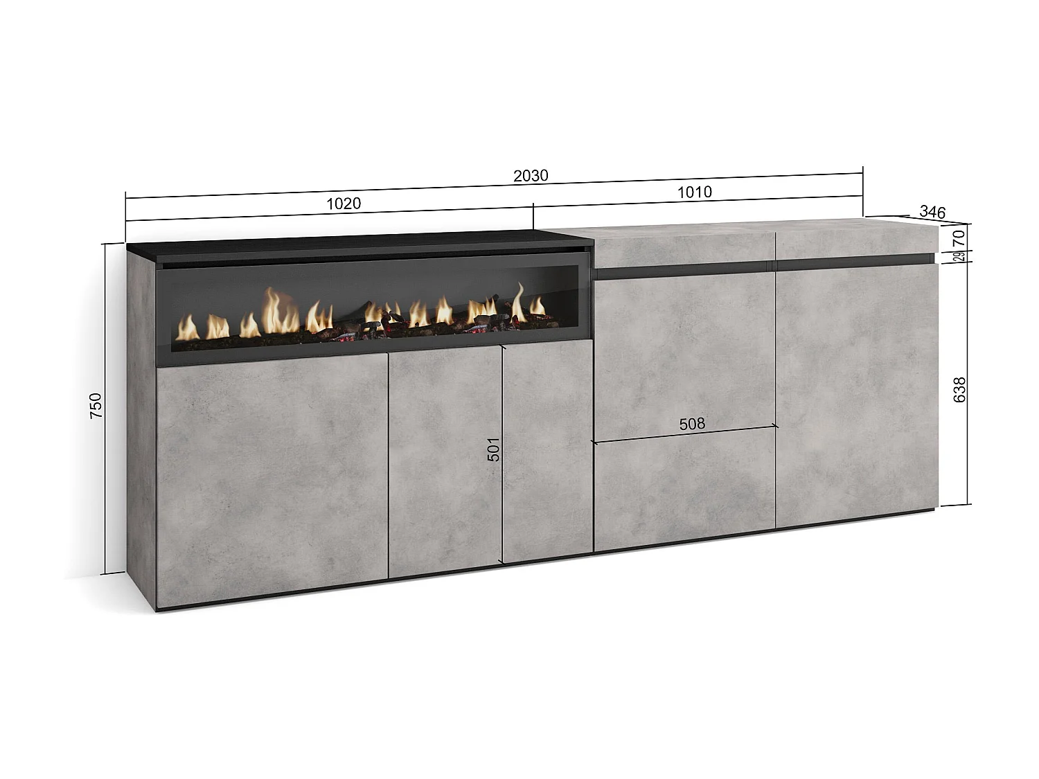 Aparadores para salón, 200x35x75cm, 4 Puertas, Chimenea eléctrica, Cemento
