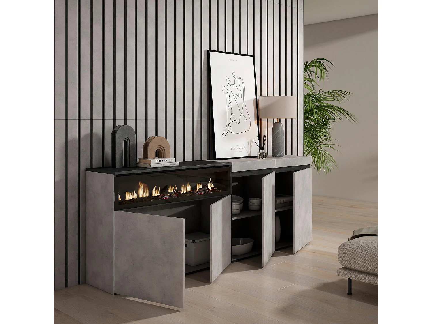 Aparadores para salón, 200x35x75cm, 4 Puertas, Chimenea eléctrica, Cemento