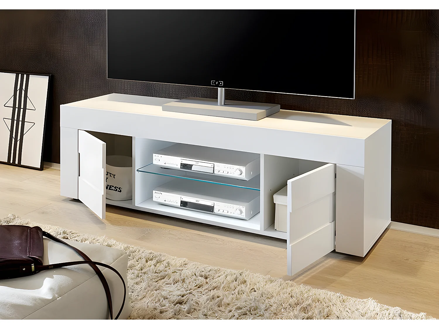 Mobile TV 2 Porte 2 Nicchie con Ripiano 138x42x44cm TFT  Build Bianco Lucido e Cemento