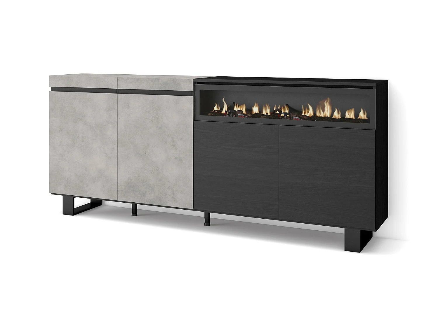 Buffet salon et cuisine, 200x35x87cm, 4 Portes, Cheminée électrique, Design industriel, Ciment