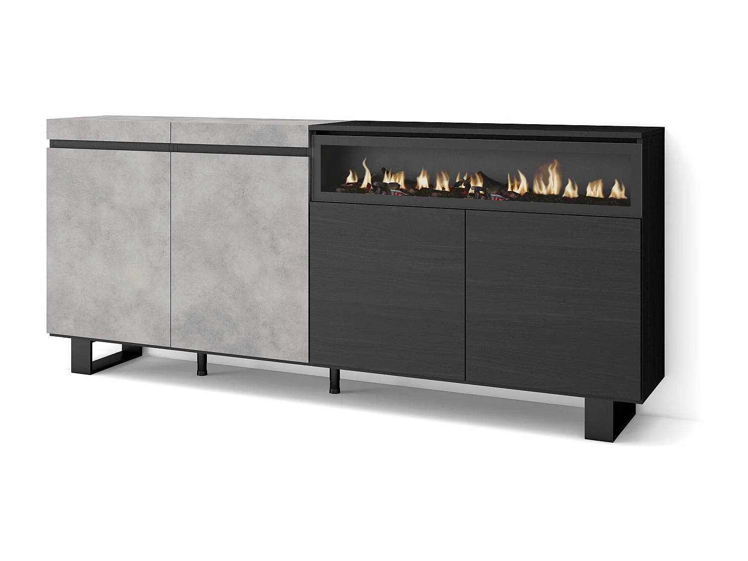 Dressoir, Opbergkast, 200x35x87cm, 4 Deuren, Elektrische haard, Industrieel design, Cement