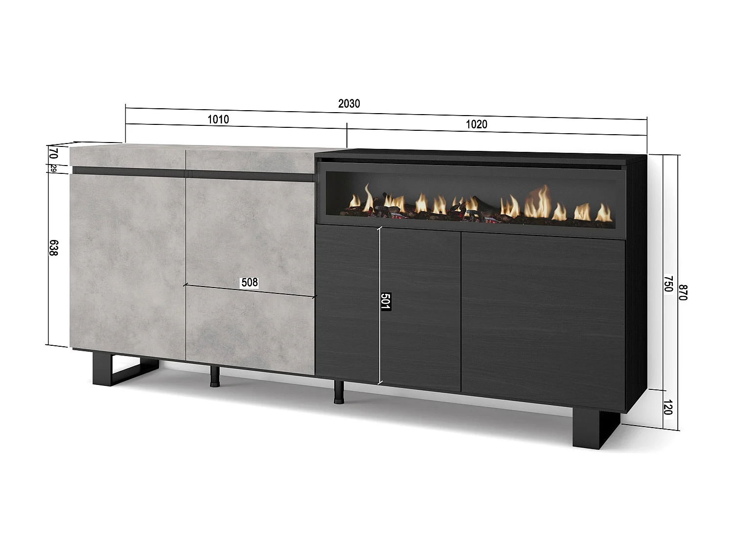 Dressoir, Opbergkast, 200x35x87cm, 4 Deuren, Elektrische haard, Industrieel design, Cement