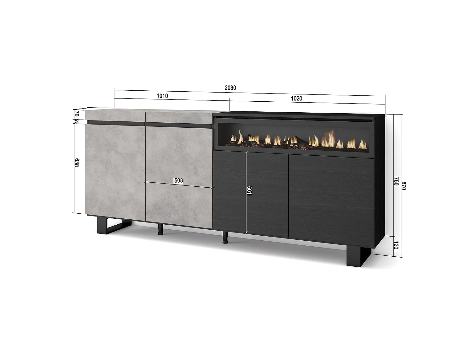 Sideboard, Highboard, 200x35x87cm, 4 Türen, Elektrokamin, Industriedesign, Zement