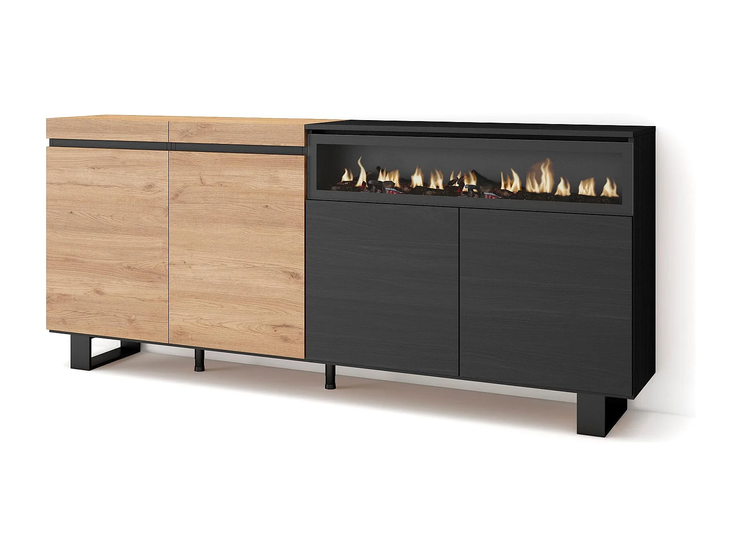 Aparadores para salón, 200x35x87cm, 4 Puertas, Chimenea eléctrica, Diseño industrial, Roble y negro