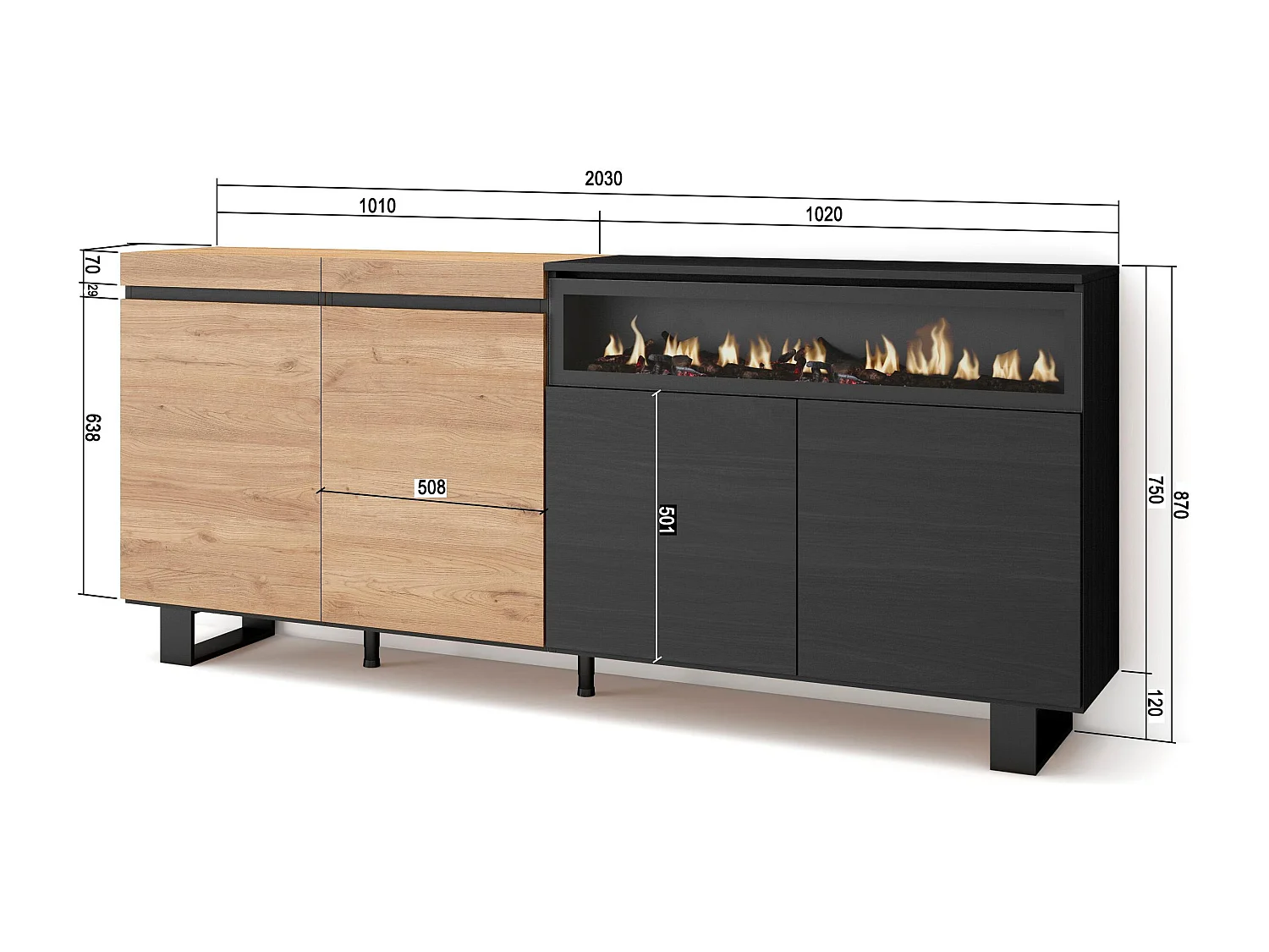 Aparadores para salón, 200x35x87cm, 4 Puertas, Chimenea eléctrica, Diseño industrial, Roble y negro