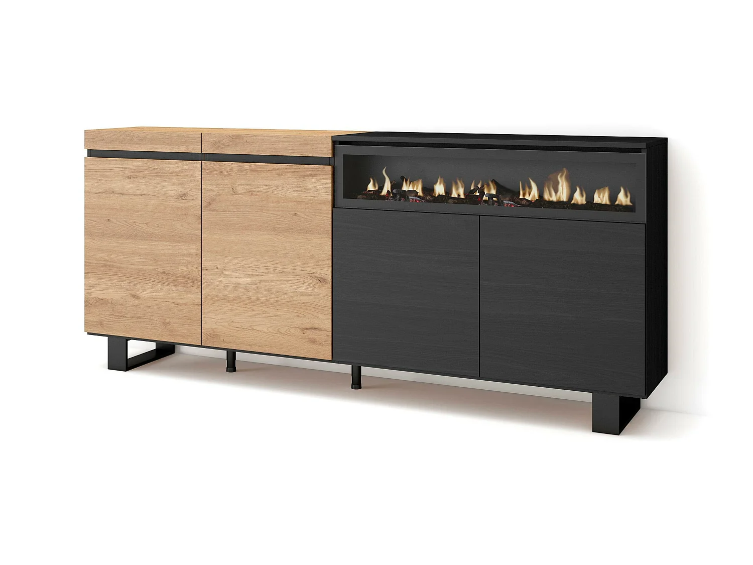 Buffet salon et cuisine, 200x35x87cm, 4 Portes, Cheminée électrique, Design industriel, Chêne et noir