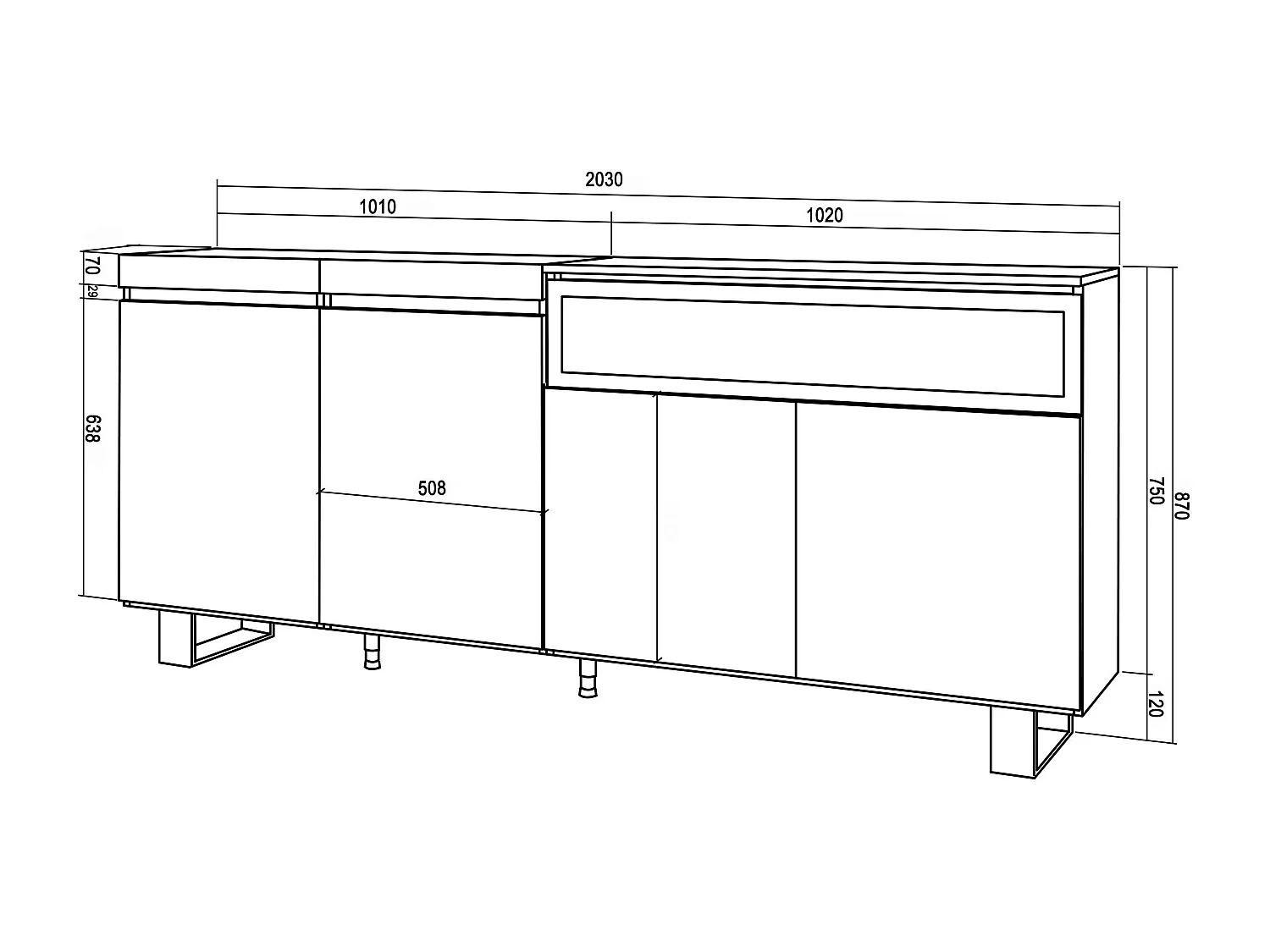 Buffet salon et cuisine, 200x35x87cm, 4 Portes, Cheminée électrique, Design industriel, Chêne et noir