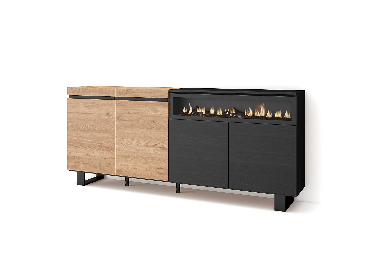 Aparadores para salón, 200x35x87cm, 4 Puertas, Chimenea eléctrica, Diseño industrial, Roble y negro