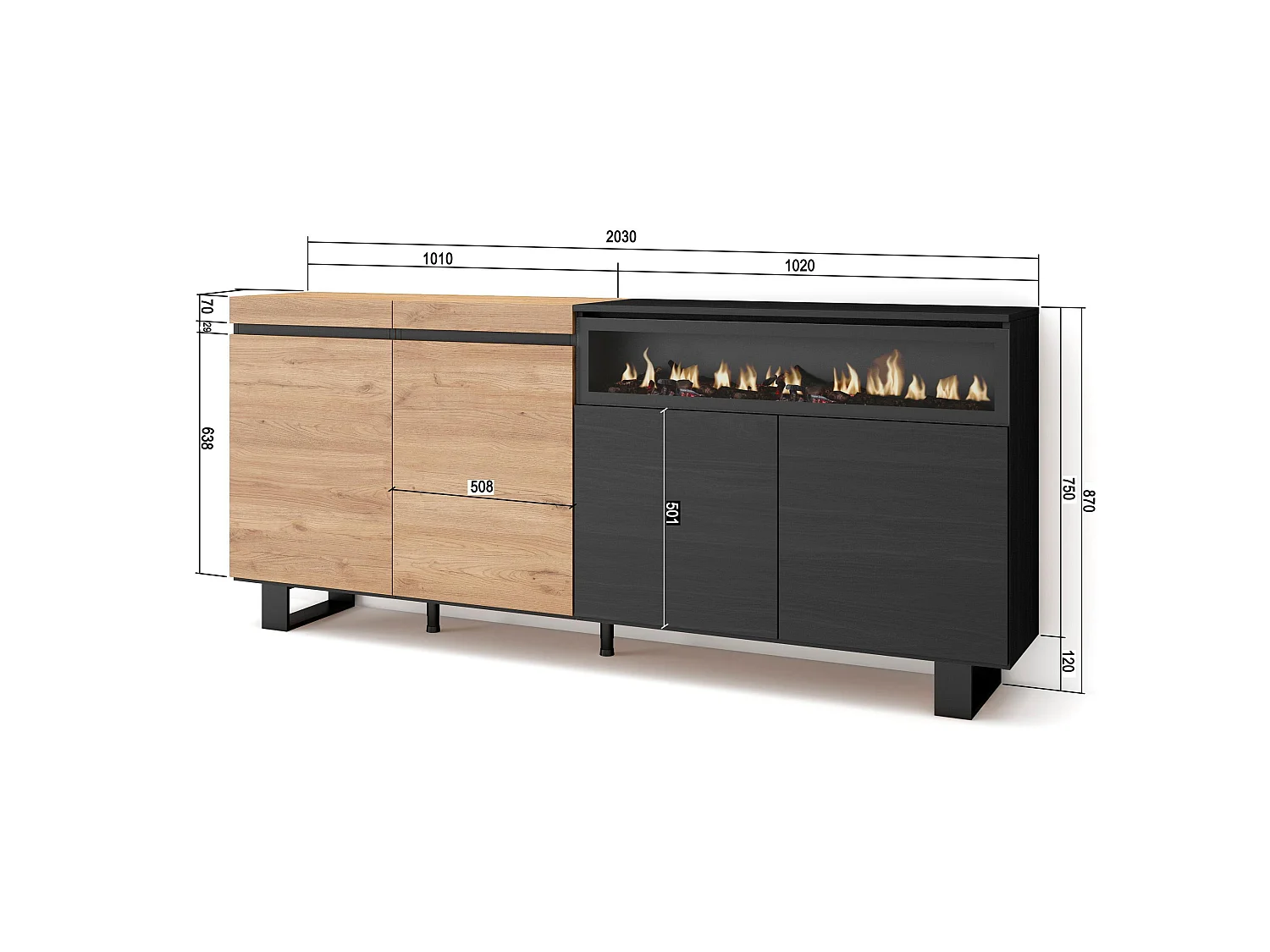 Aparadores para salón, 200x35x87cm, 4 Puertas, Chimenea eléctrica, Diseño industrial, Roble y negro