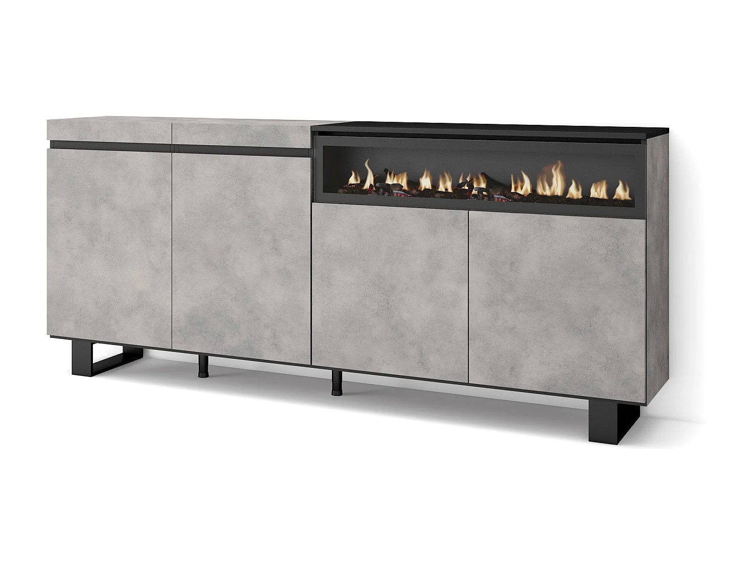 Buffet salon et cuisine, 200x35x87cm, 4 Portes, Cheminée électrique, Design industriel, Ciment