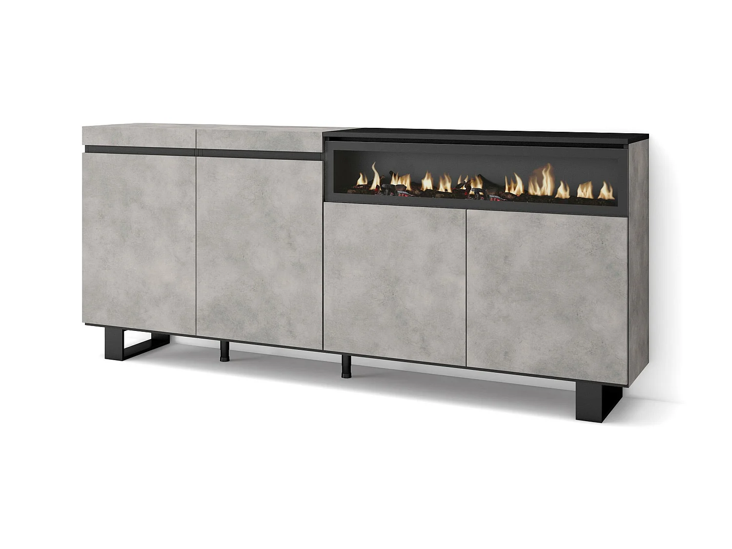 Buffet salon et cuisine, 200x35x87cm, 4 Portes, Cheminée électrique, Design industriel, Ciment