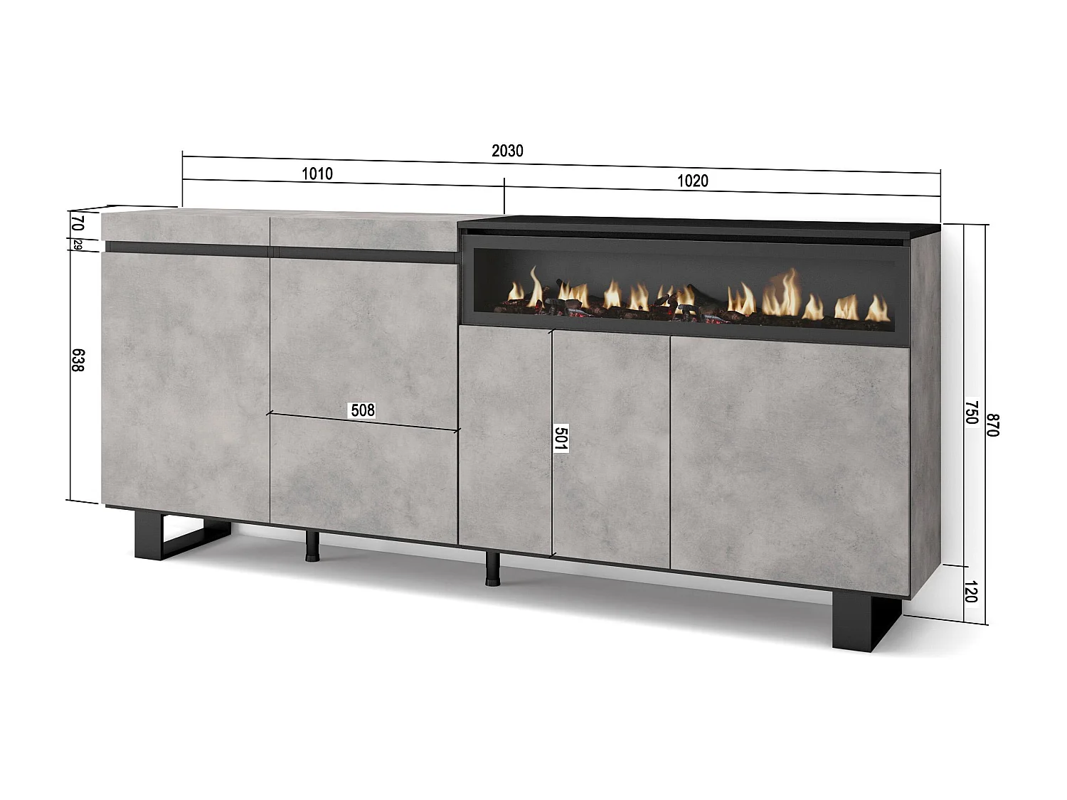 Dressoir, Opbergkast, 200x35x87cm, 4 Deuren, Elektrische haard, Industrieel design, Cement