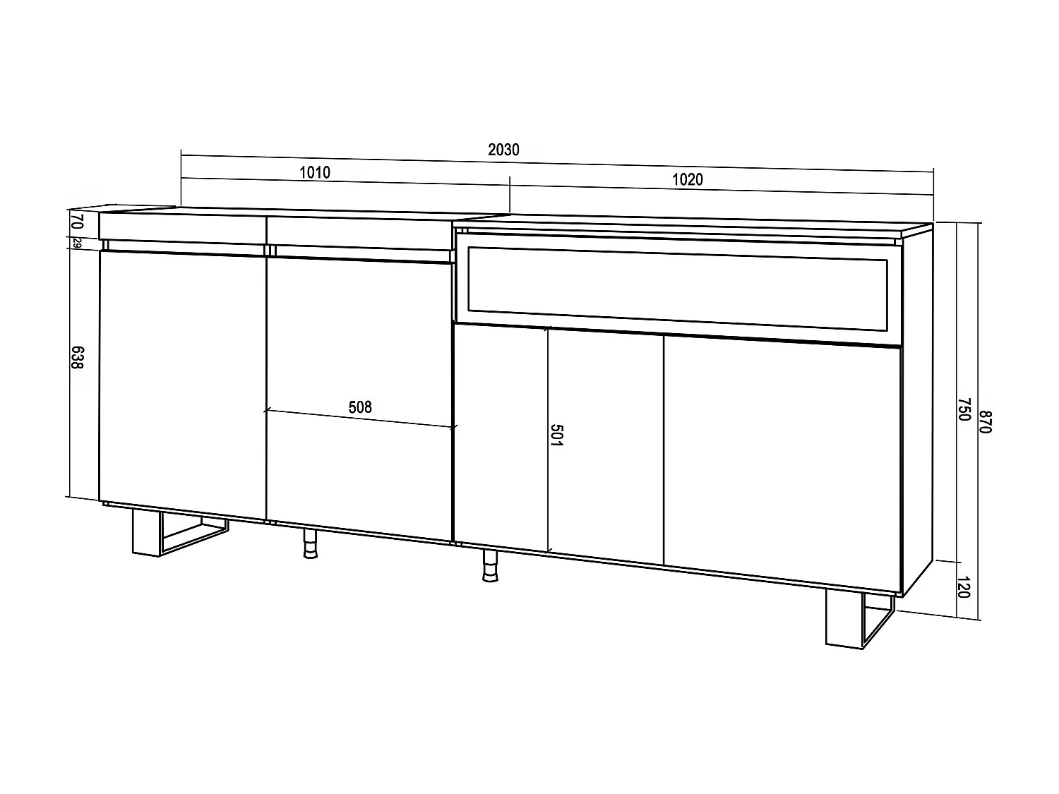 Dressoir, Opbergkast, 200x35x87cm, 4 Deuren, Elektrische haard, Industrieel design, Cement