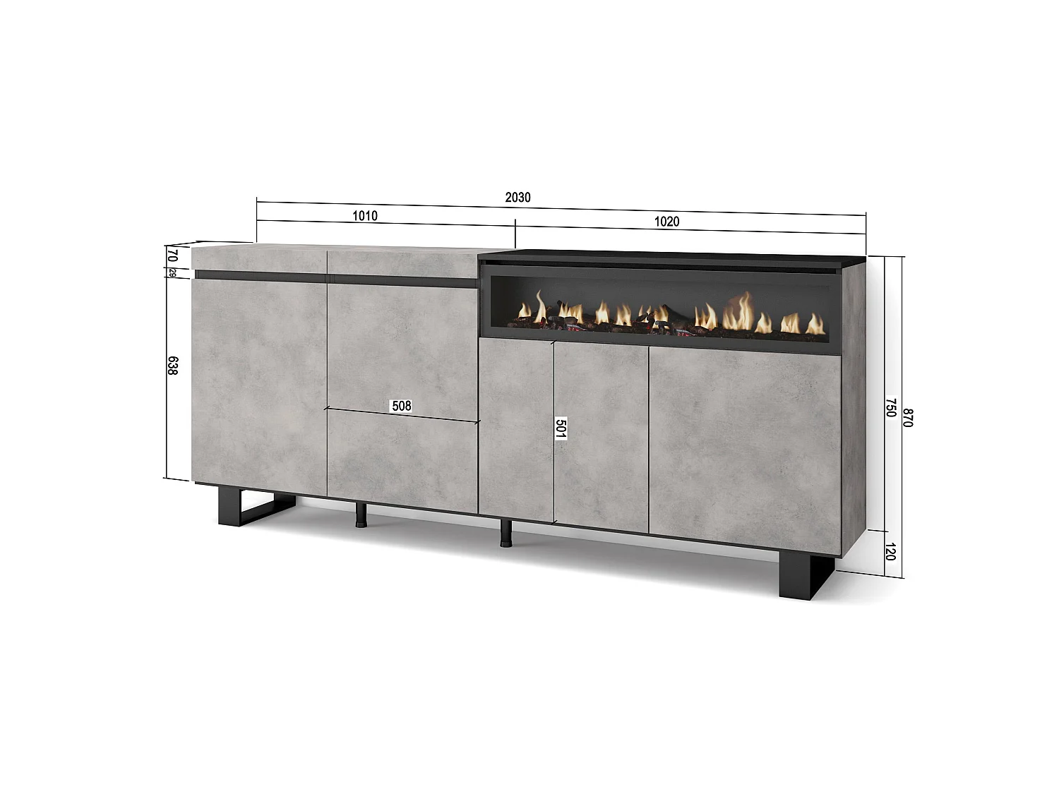 Buffet salon et cuisine, 200x35x87cm, 4 Portes, Cheminée électrique, Design industriel, Ciment