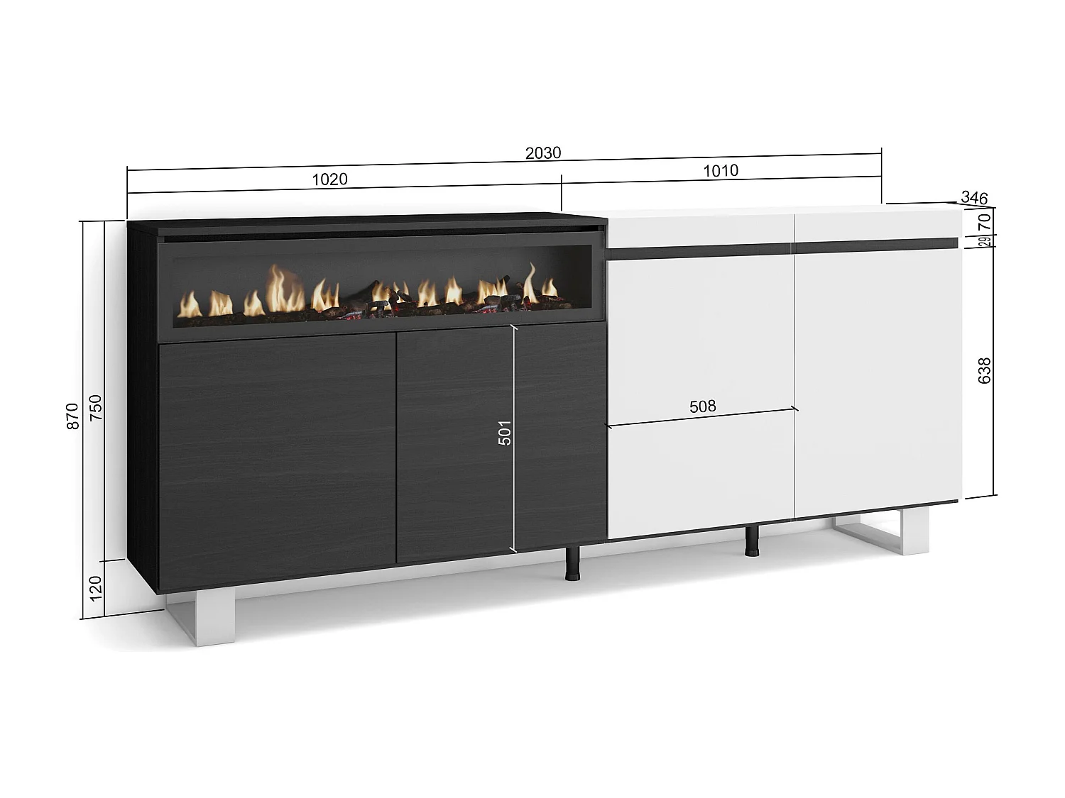 Dressoir, Opbergkast, 200x35x87cm, 4 Deuren, Elektrische haard, Industrieel design, Wit en Zwart