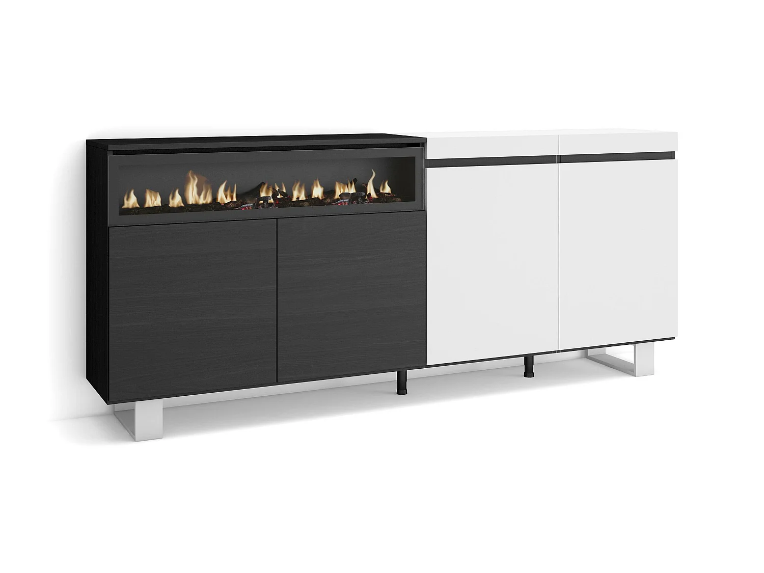 Dressoir, Opbergkast, 200x35x87cm, 4 Deuren, Elektrische haard, Industrieel design, Wit en Zwart