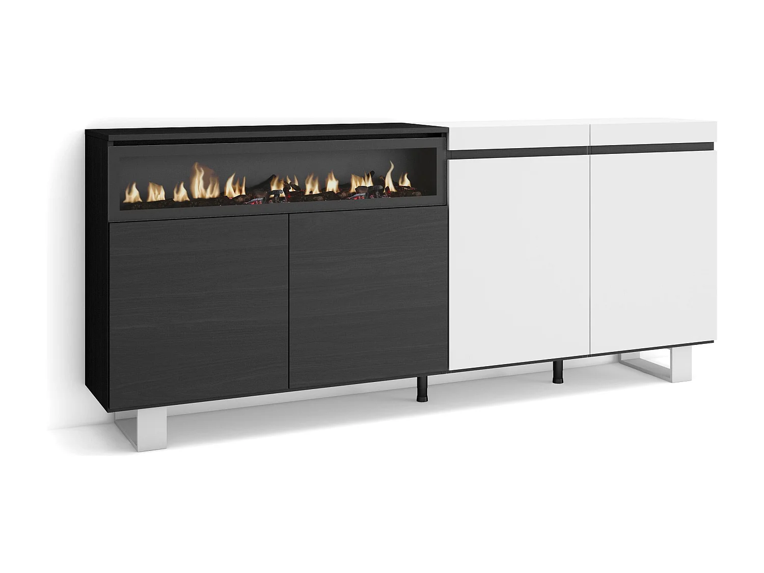 Sideboard, Highboard, 200x35x87cm, 4 Türen, Elektrokamin. Maße, Industriedesign, Weiß und Schwarz