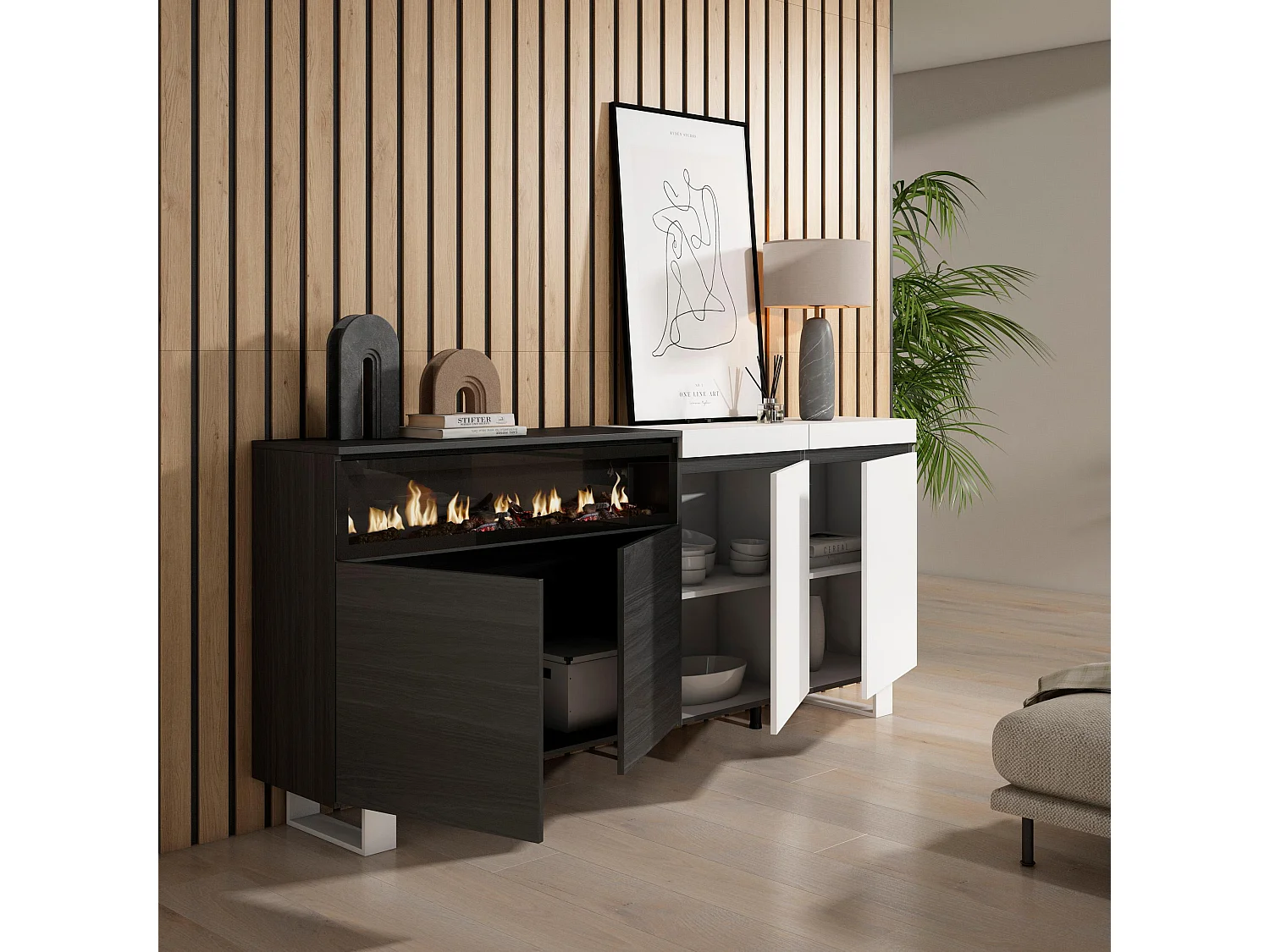 Sideboard, Highboard, 200x35x87cm, 4 Türen, Elektrokamin. Maße, Industriedesign, Weiß und Schwarz