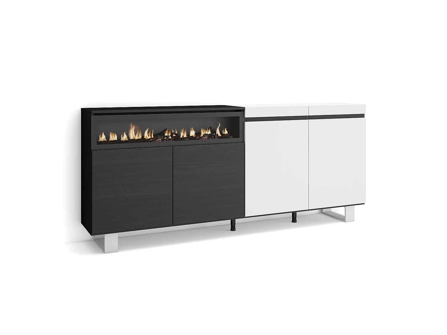 Sideboard, Highboard, 200x35x87cm, 4 Türen, Elektrokamin. Maße, Industriedesign, Weiß und Schwarz