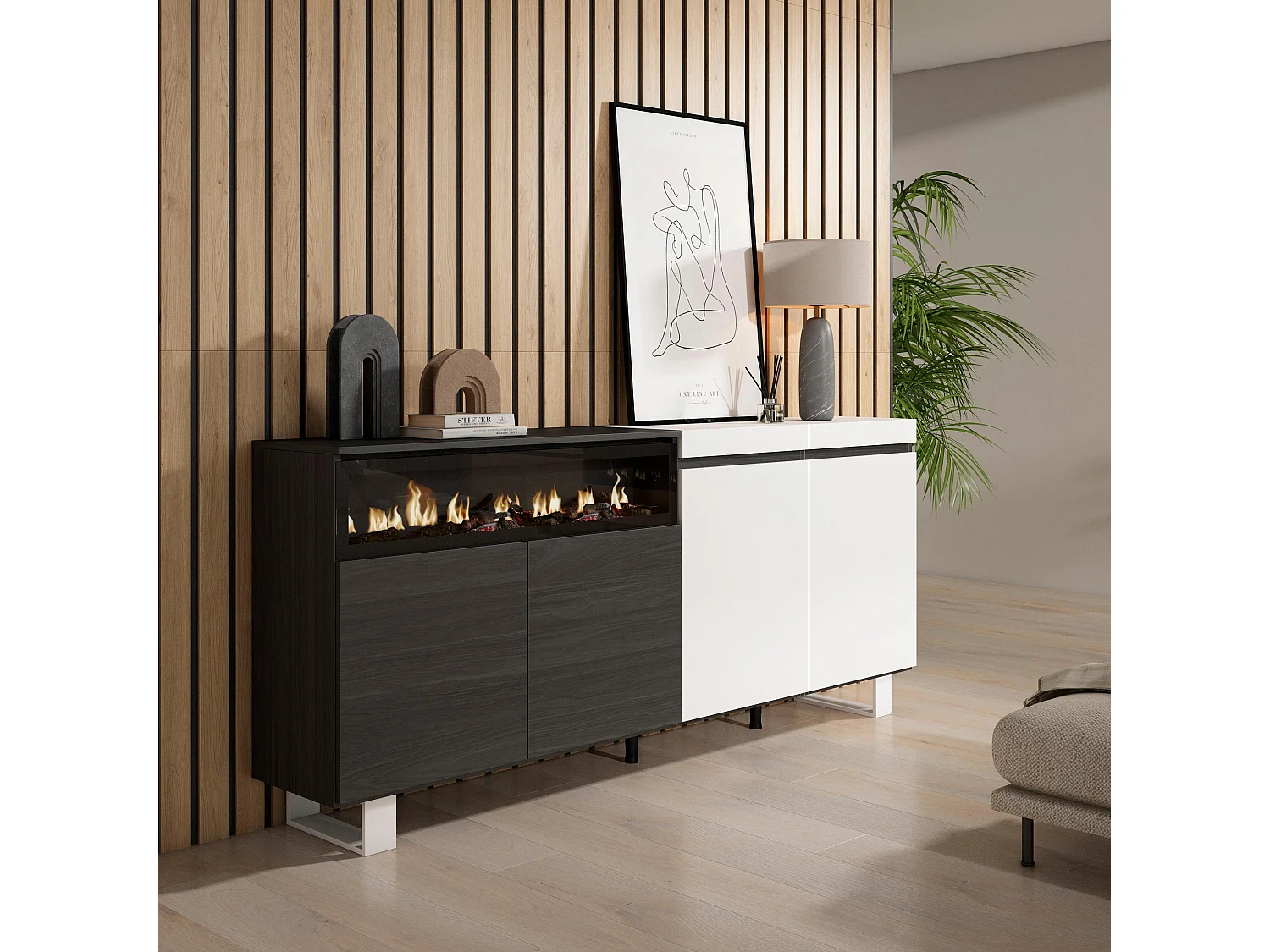 Sideboard, Highboard, 200x35x87cm, 4 Türen, Elektrokamin. Maße, Industriedesign, Weiß und Schwarz