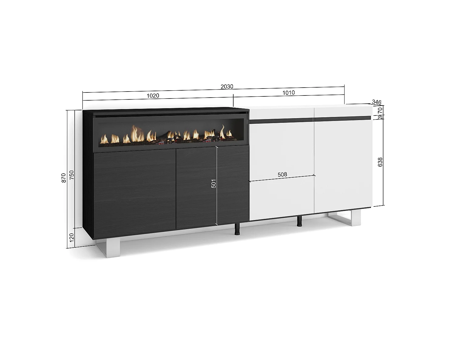 Sideboard, Highboard, 200x35x87cm, 4 Türen, Elektrokamin. Maße, Industriedesign, Weiß und Schwarz