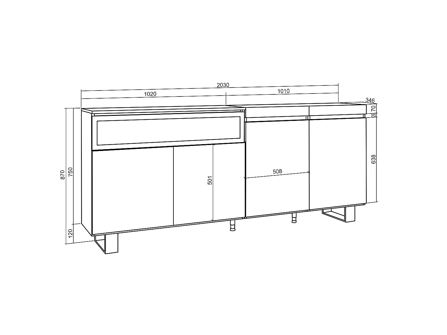Sideboard, Highboard, 200x35x87cm, 4 Türen, Elektrokamin. Maße, Industriedesign, Weiß und Schwarz