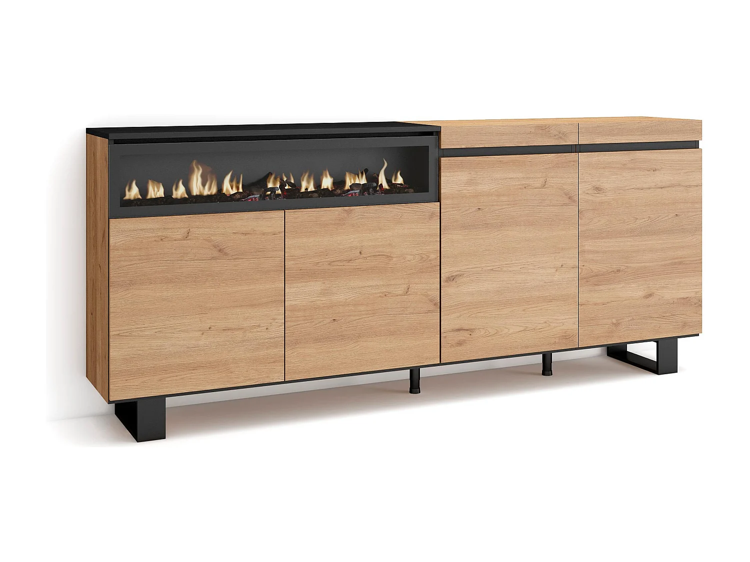 Sideboard, Highboard, 200x35x87cm, 4 Türen, Elektrokamin, Industriedesign, Eiche Schwarz