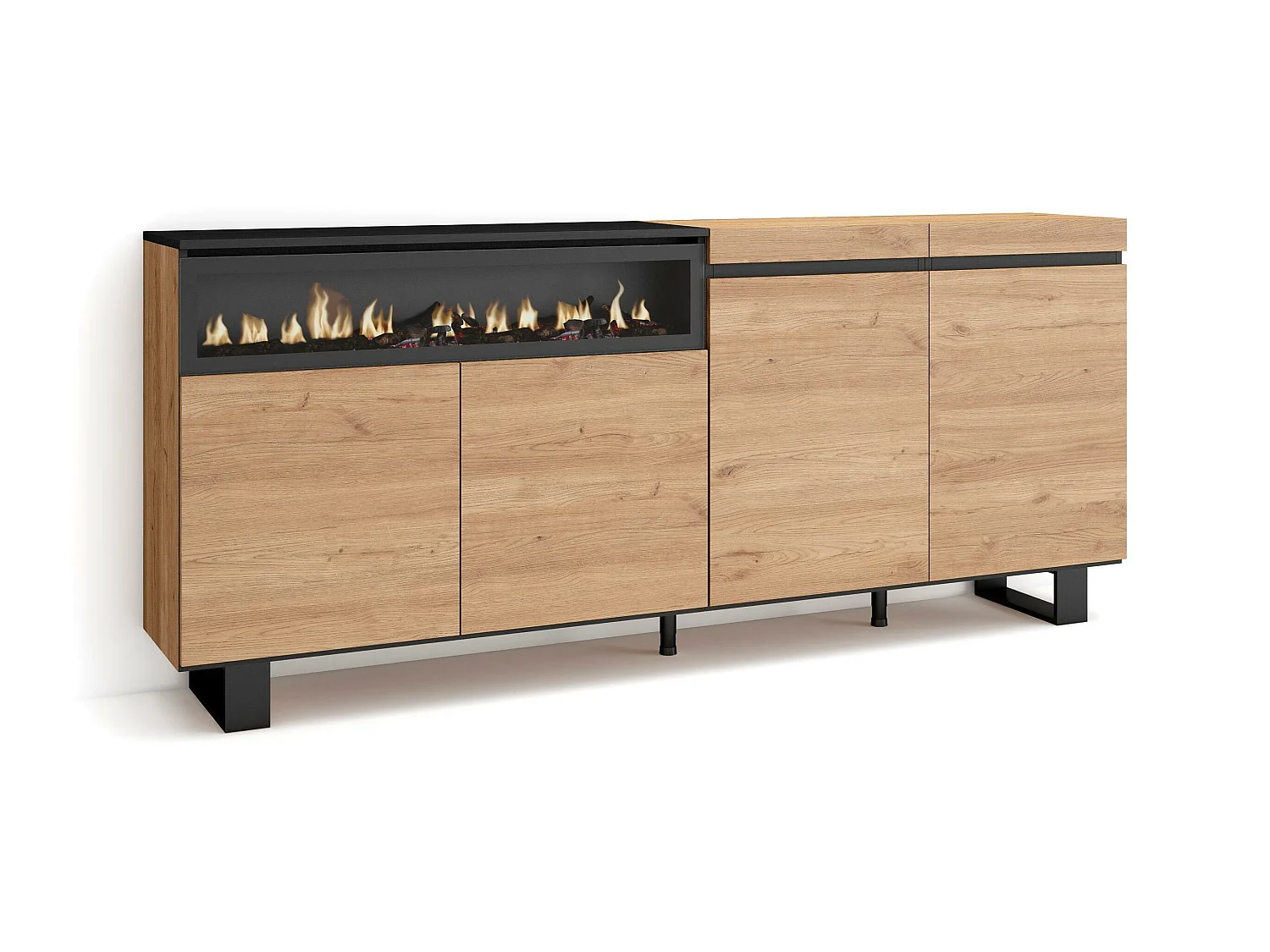 Buffet salon et cuisine, 200x35x87cm, 4 Portes, Cheminée électrique, Design industriel, Chêne et noir