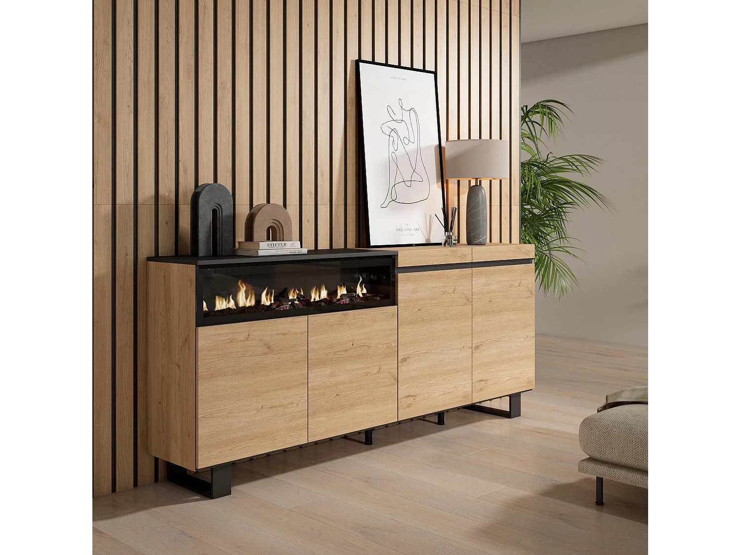 Buffet salon et cuisine, 200x35x87cm, 4 Portes, Cheminée électrique, Design industriel, Chêne et noir