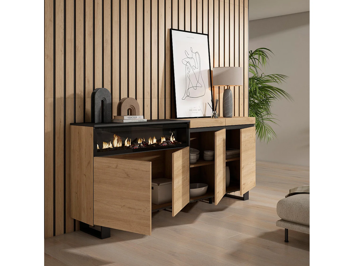 Buffet salon et cuisine, 200x35x87cm, 4 Portes, Cheminée électrique, Design industriel, Chêne et noir