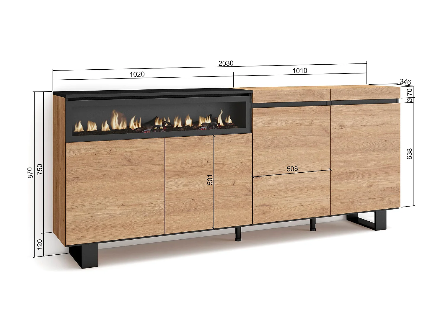 Buffet salon et cuisine, 200x35x87cm, 4 Portes, Cheminée électrique, Design industriel, Chêne et noir