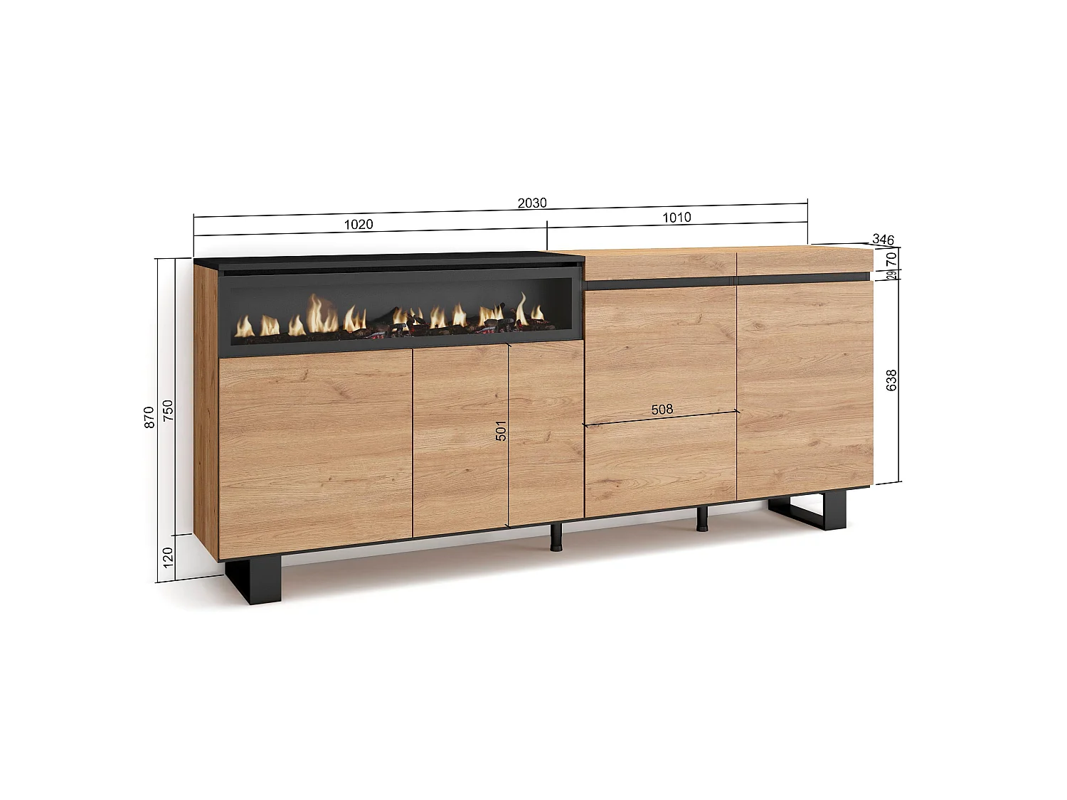 Aparadores para salón, 200x35x87cm, 4 Puertas, Chimenea eléctrica, Diseño industrial, Roble y negro