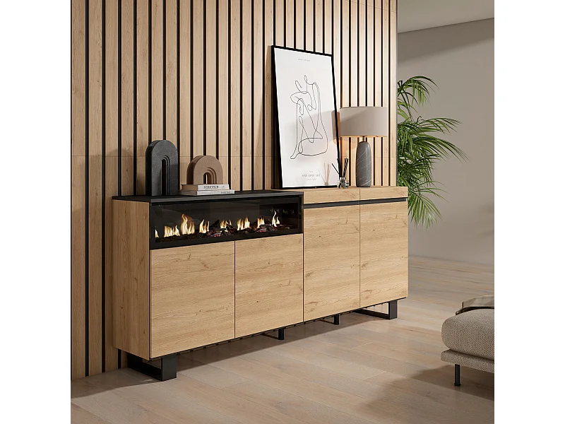 Buffet salon et cuisine, 200x35x87cm, 4 Portes, Cheminée électrique, Design industriel, Chêne et noir
