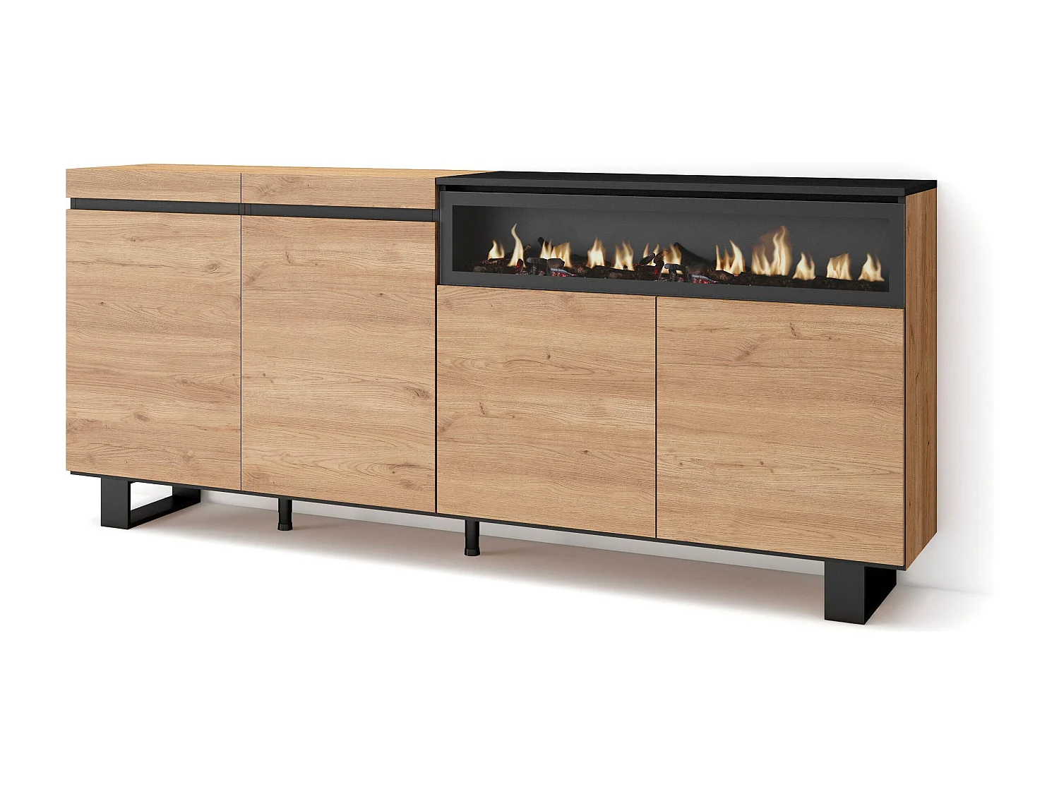 Buffet salon et cuisine, 200x35x87cm, 4 Portes, Cheminée électrique, Design industriel, Chêne et noir