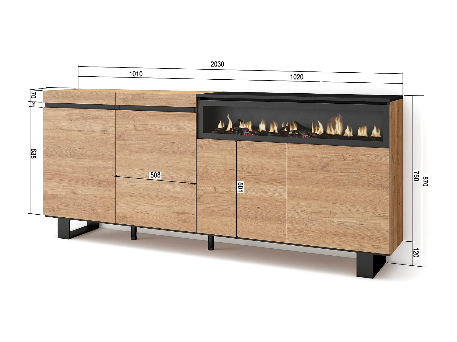 Buffet salon et cuisine, 200x35x87cm, 4 Portes, Cheminée électrique, Design industriel, Chêne et noir