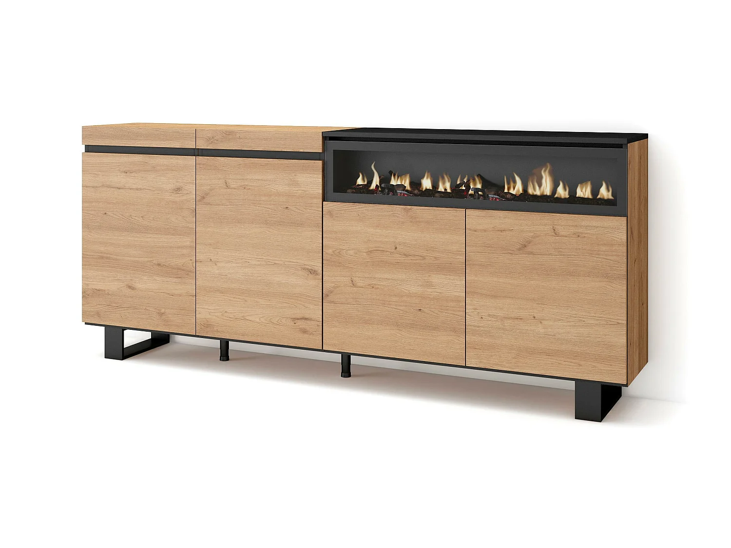 Buffet salon et cuisine, 200x35x87cm, 4 Portes, Cheminée électrique, Design industriel, Chêne et noir